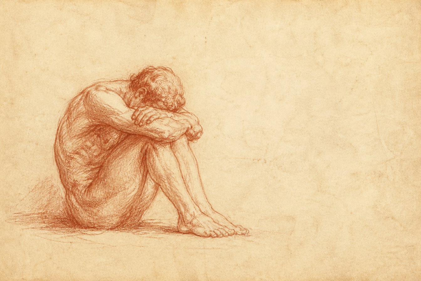 A figure curled in stillness