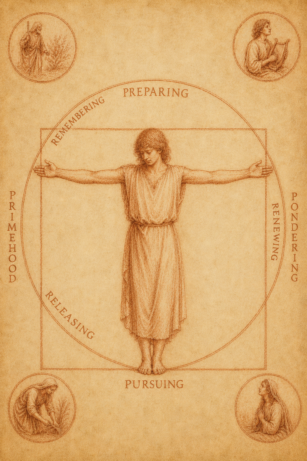 The Vitruvian Primehood — a young figure inscribed in a square and circle, surrounded by the four Ps and three Rs of the THR formation arc, with four medallion saints at the corners.
